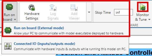 Run on board (External mode) and Monitor & Tune buttons in Simulink toolstrip.
