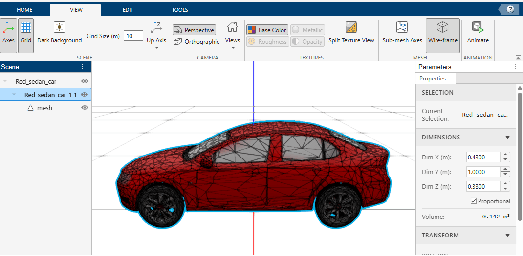 Asset Generator app displaying a car mesh with wire-frame overlay enabled and displaying mesh properties in the right Parameters panel.