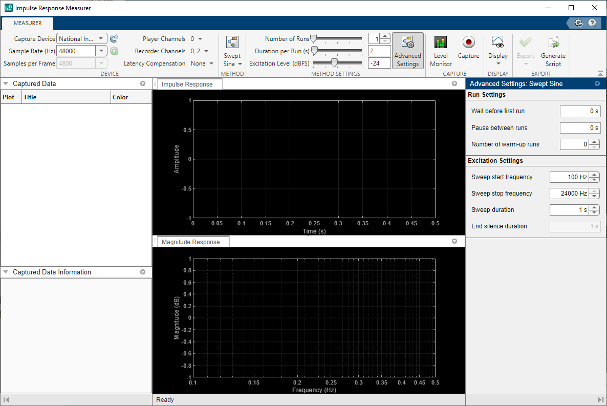 Default view of Impulse Response Measurer App