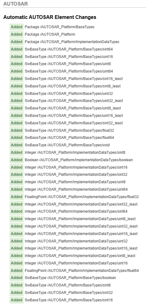 Automatic AUTOSAR Element Changes report listing added SwBaseType, ImplementationDataType, and Package elements under AUTOSAR_Platform