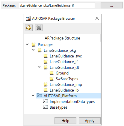 AUTOSAR Package Browser showing AUTOSAR_Platform package with ImplementationDataTypes and BaseTypes subpackages.