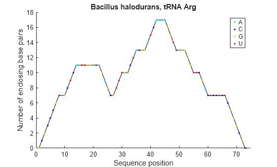 Figure contains an axes object. The axes object with title Bacillus halodurans, tRNA Arg, xlabel Sequence position, ylabel Number of enclosing base pairs contains 5 objects of type line. One or more of the lines displays its values using only markers These objects represent A, C, G, U.