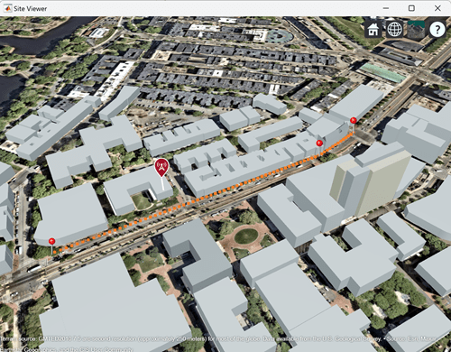 The stop, start, and turn point of the trajectory are marked together with the waypoints along the trajectory at which ray tracing will occur. The image also illustrates the base station location relative to the trajectory.