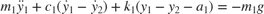 $$m_1\ddot{y}_1 + c_1(\dot{y}_1 - \dot{y}_2) + k_1(y_1-y_2-a_1) = -m_1g$$