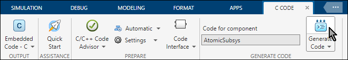 Simulink Toolstrip with the C Code tab selected. The Generate Code button is clicked on by the mouse.