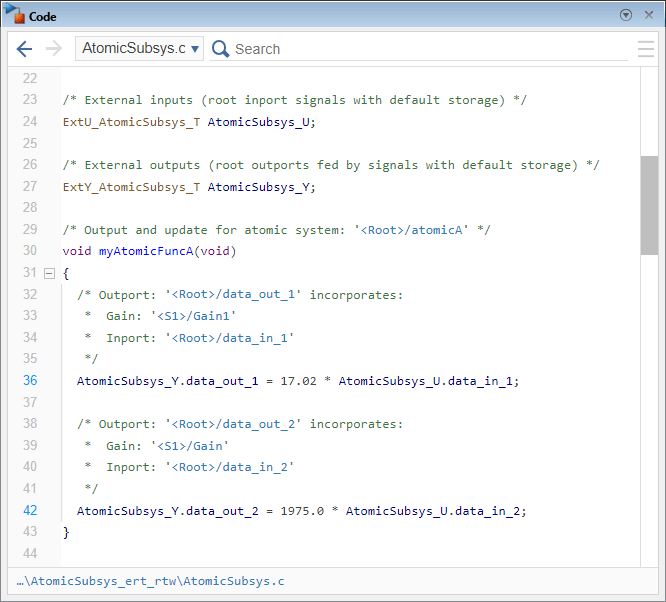 Code pane showing part of the source code file AtomicSubsys.c.