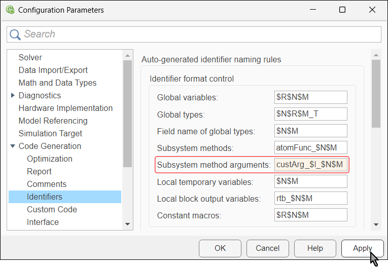 Configuration Parameter dialog box with Code Generation > Identifiers selected. In the Identifier format control section, the System method arguments parameter is highlighted with the value custArg_$I_$N$M.
