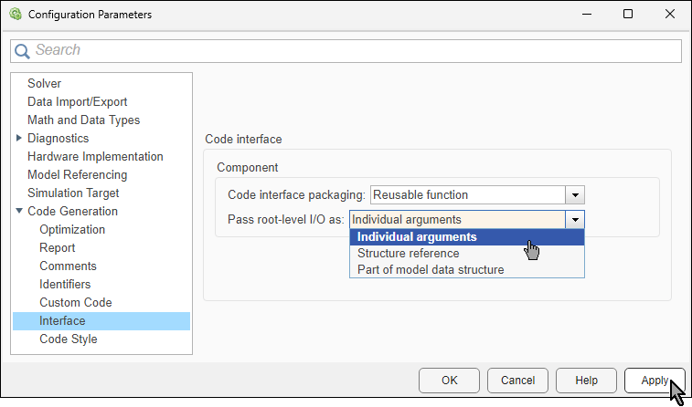 Configuration Parameters dialog box. The value Individual arguments is selected from the Pass root-level I/O as list.
