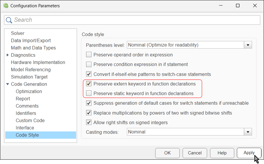 Configuration Parameter dialog box. The parameter Preserve extern keyword in function declarations is highlighted and enabled. The parameter below it, Preserve static keyword in function declarations, is also highlighted. The mouse cursor is on the Apply button.