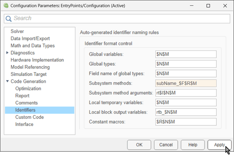 Configuration Parameter dialog box. On the left, Code Generation > Identifiers is selected. On the right, in the Identifier format control section, the System method parameter is highlighted with the value subName_$F$R$M.