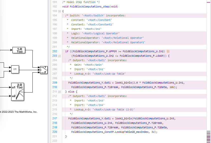 Code view to the right of the Simulink model showing some lines of code highlighted.