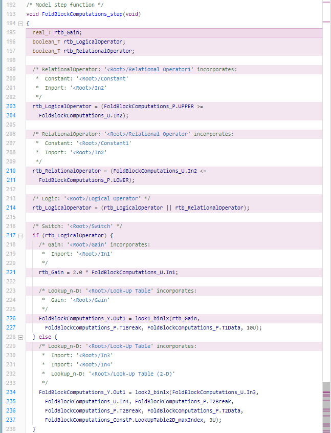 Code view to the right of the Simulink model showing some lines of code highlighted.