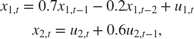 $$\begin{array}{l} {x_{1,t}} = 0.7{x_{1,t - 1}} - 0.2{x_{1,t - 2}} + {u_{1,t}}\\ {x_{2,t}} = {u_{2,t}} + 0.6{u_{2,t - 1}}, \end{array}$$