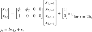 $$\begin{array}{l}
\left[ {\begin{array}{*{20}{c}}
{{x_{1,t}}}\\
{{x_{2,t}}}
\end{array}} \right] = \left[ {\begin{array}{*{20}{c}}
{{\phi _1}}&{{\phi _2}}&0&0\\
1&0&0&0
\end{array}} \right]\left[ {\begin{array}{*{20}{c}}
{{x_{1,t - 1}}}\\
{{x_{2,t - 1}}}\\
{{x_{3,t - 1}}}\\
{{x_{4,t - 1}}}
\end{array}} \right] + \left[ {\begin{array}{*{20}{c}}
1\\
0
\end{array}} \right]{u_{1,t}}\\
{y_t} = b{x_{1,t}} + {\varepsilon _t}
\end{array}{\rm for\;}t = 26,$$