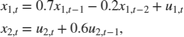 $$\begin{array}{l} {x_{1,t}} = 0.7{x_{1,t - 1}} - 0.2{x_{1,t - 2}} + {u_{1,t}}\\ {x_{2,t}} = {u_{2,t}} + 0.6{u_{2,t - 1}}, \end{array}$$