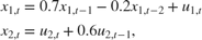 $$\begin{array}{l}
{x_{1,t}} = 0.7{x_{1,t - 1}} - 0.2{x_{1,t - 2}} + {u_{1,t}}\\
{x_{2,t}} = {u_{2,t}} + 0.6{u_{2,t - 1}},
\end{array}$$