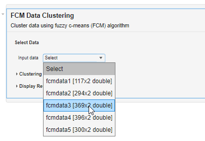 FCM Data Clustering task showing the Input data drop-down expanded and the pointer over the the third entry, fcmdata3.