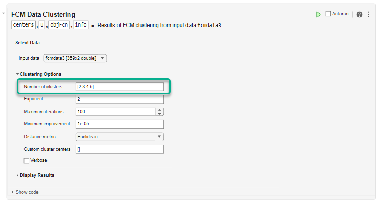 FCM Data clustering task with the Clustering Options section expanded. The Number of clusters parameter is highlighted with four cluster values, 2, 3, 4, and 5.
