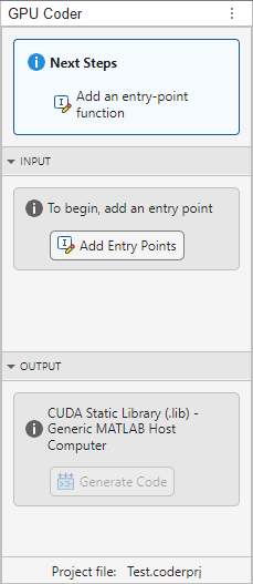 GPU Coder panel showing the first step is to add an entry-point function
