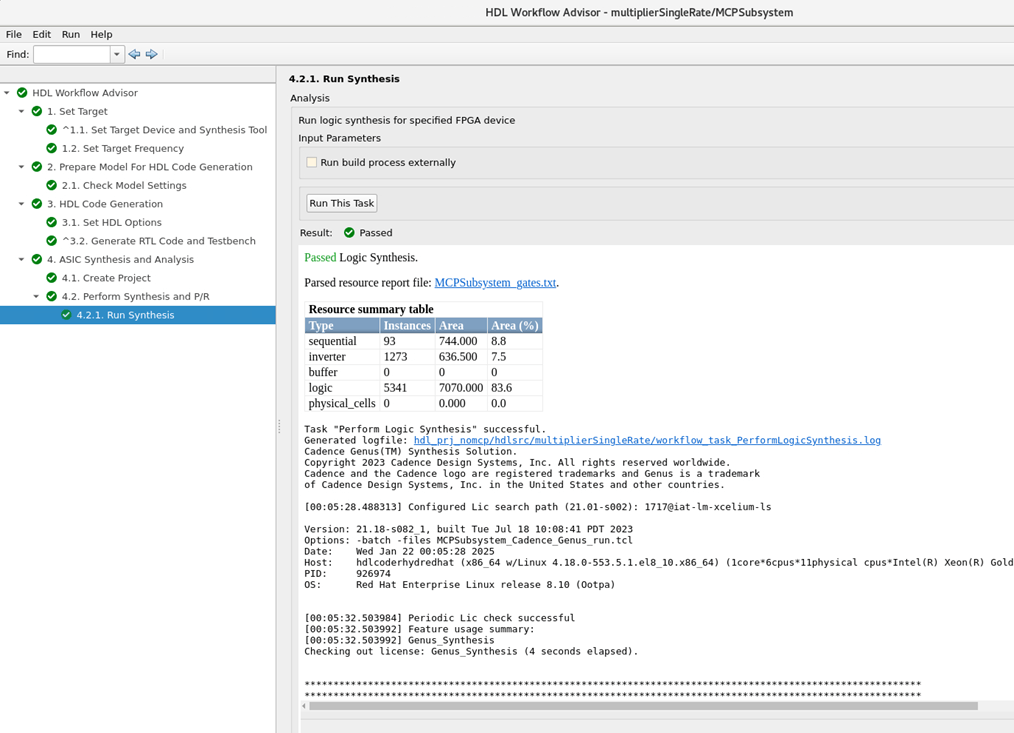 HDL Workflow Advisor Run synthesis tasks results pane