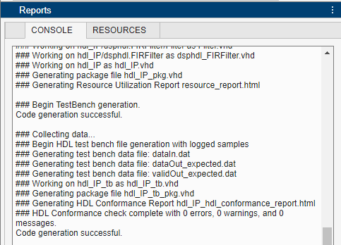 Console tab showing log of HDL code generation