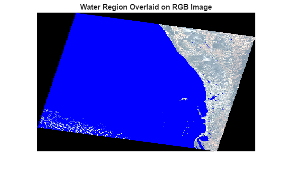 Figure contains an axes object. The hidden axes object with title Water Region Overlaid on RGB Image contains an object of type image.