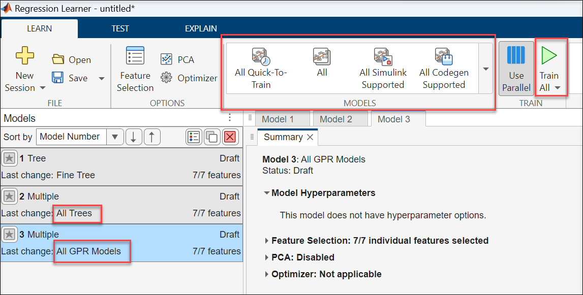Regression Learner app with All Trees and All GPR Models selected in the Models panel and Train All button highlighted