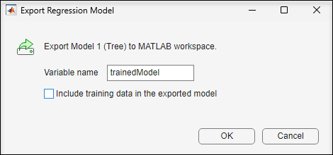 Export Regression Model dialog box with variable name set to trainedModel and option to include training data cleared