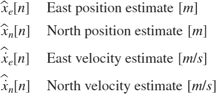 $$ \begin{array} {ll}
\hat{x}_e[n] \; & \textnormal{East position estimate} \; [m] \\
\hat{x}_n[n] \; & \textnormal{North position estimate} \; [m] \\
\hat{\dot{x}}_e[n] \; & \textnormal{East velocity estimate} \; [m/s] \\
\hat{\dot{x}}_n[n] \; & \textnormal{North velocity estimate} \; [m/s] \\
\end{array} $$