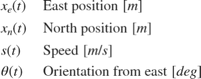 $$ \begin{array} {ll}
x_e(t) \; & \textnormal{East position} \; [m] \\
x_n(t) \; & \textnormal{North position} \; [m] \\
s(t) \; & \textnormal{Speed} \; [m/s] \\
\theta(t) \; & \textnormal{Orientation from east} \; [deg] \\
\end{array} $$