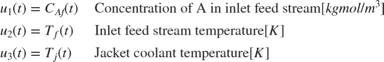 $$ \begin{array} {ll}
u_1(t) = C_{Af}(t) \; & \textnormal{Concentration of A in inlet feed
stream} [kgmol/m^3] \\
u_2(t) = T_f(t) \; & \textnormal{Inlet feed stream temperature} [K] \\
u_3(t) = T_j(t) \; & \textnormal{Jacket coolant temperature} [K] \\
\end{array} $$