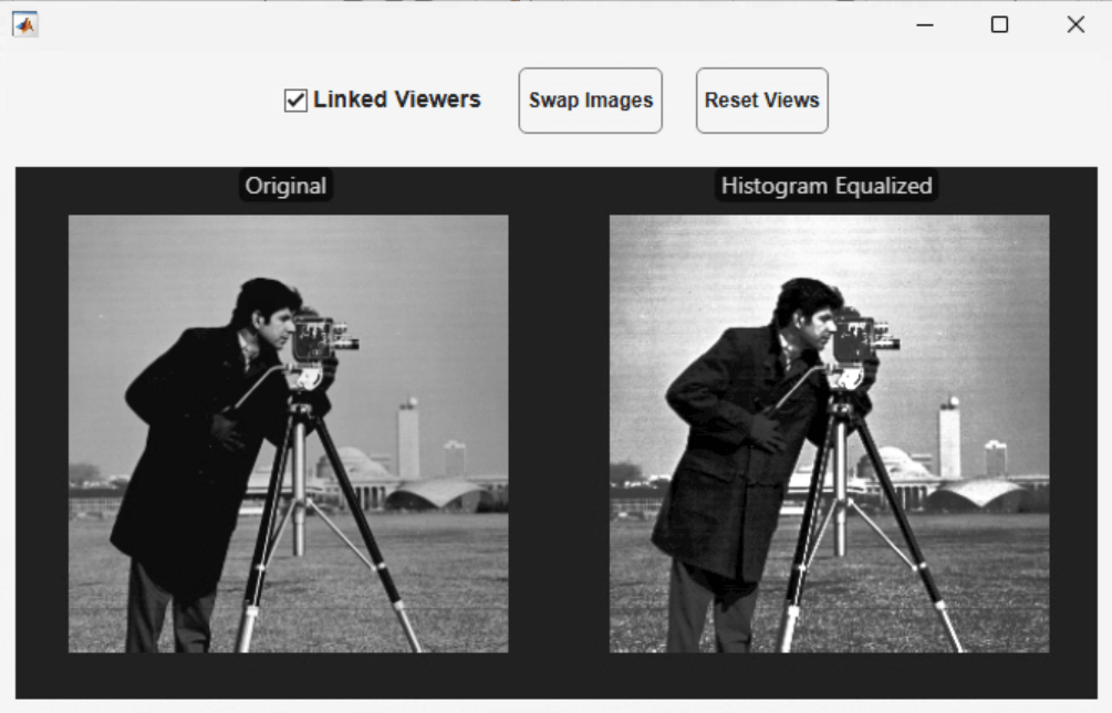 Original cameraman image compared with the histogram equalized version showing enhanced contrast