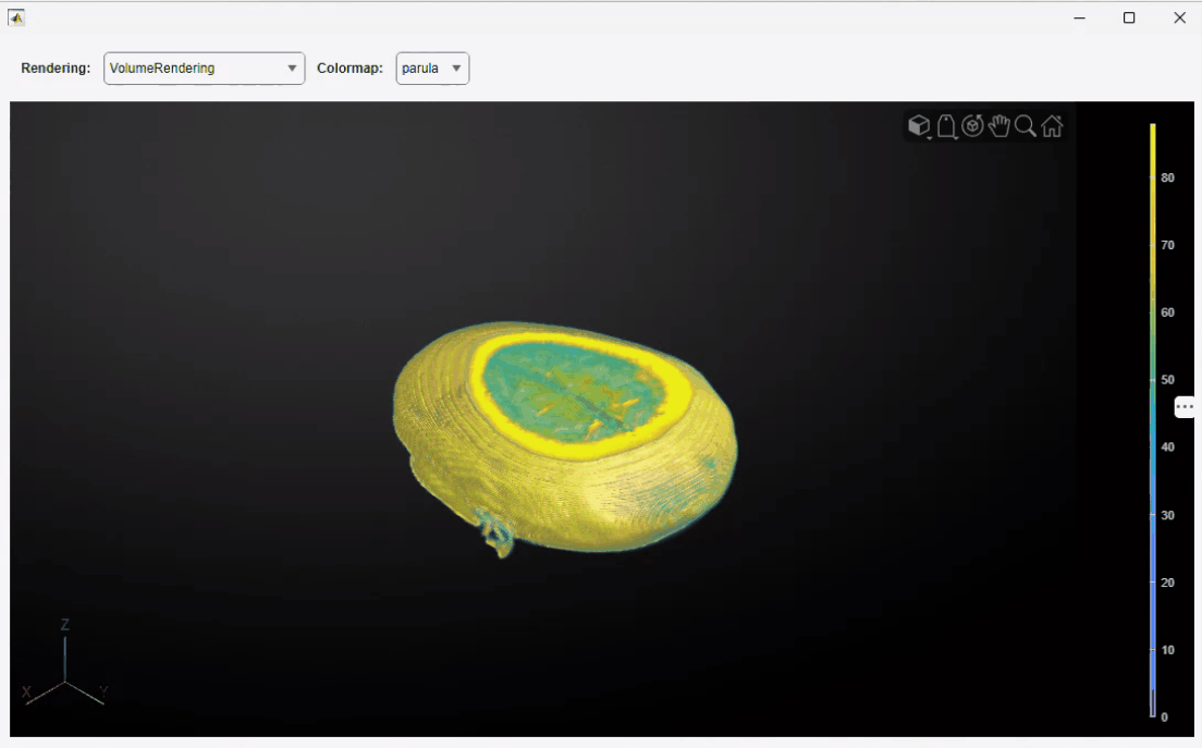 Component embedded in a UI figure with rendering style and colormap drop-downs above the volume viewer