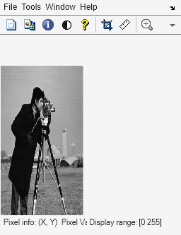 Figure Image Tool 1 - cameraman.tif contains an axes object and other objects of type uimenu, uitoolbar, uipanel. The hidden axes object contains an object of type image.