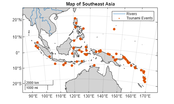 Figure contains an axes object with type mapaxes. The mapaxes object contains 2 objects of type line, point. These objects represent Rivers, Tsunami Events.
