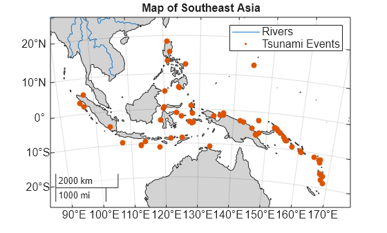 Figure contains an axes object with type mapaxes. The mapaxes object contains 2 objects of type line, point. These objects represent Rivers, Tsunami Events.