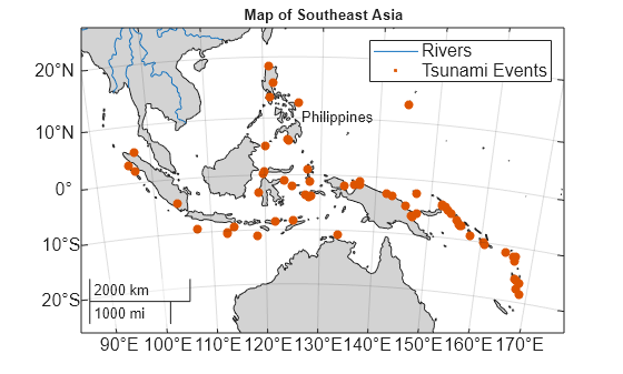 Figure contains an axes object with type mapaxes. The mapaxes object contains 3 objects of type line, point, text. These objects represent Rivers, Tsunami Events.