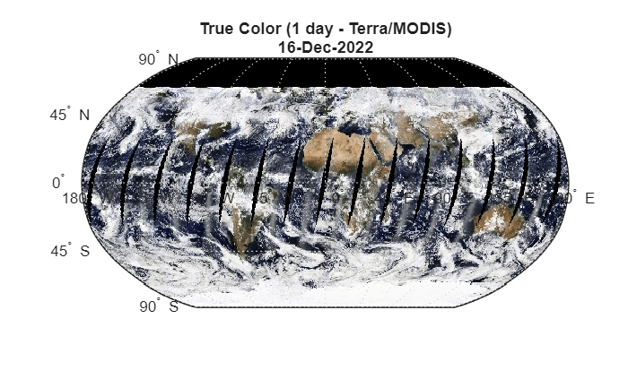 Figure contains an axes object. The hidden axes object with title True Color (1 day - Terra/MODIS) 16-Dec-2022 contains 24 objects of type patch, surface, line, text.