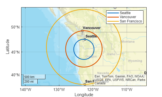 Figure contains an axes object with type geoaxes. The geoaxes object contains 3 objects of type line. These objects represent Seattle, Vancouver, San Francisco.