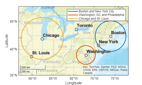 Figure contains an axes object with type geoaxes. The geoaxes object contains 3 objects of type line. These objects represent Boston and New York City, Washington, DC and Philadelphia, Chicago and St. Louis.