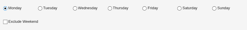 Figure containing seven radio buttons and a checkbox. The radio buttons are labeled with the days of the week, starting with Monday.