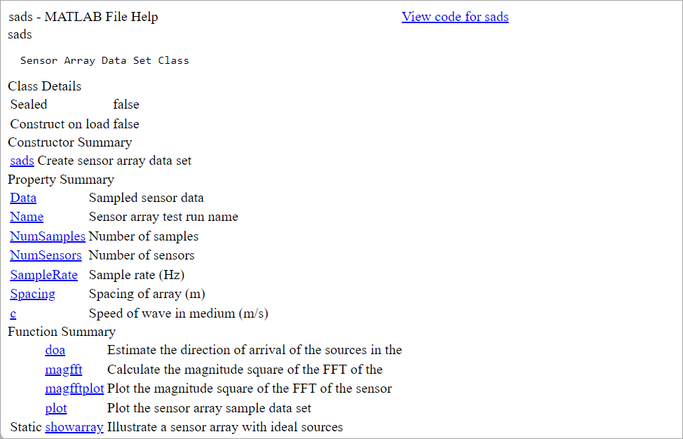 Formatted help text for sads class including the class details, constructor summary, property summary, and function summary