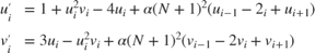 $$ \begin{array}{cl} u'_i &#38;= 1+u_i^2v_i-4u_i+ \alpha \left( N + 1 \right)&#10;^2 \left( u_{i-1}-2_i+u_{i+1} \right)\\ v'_i &#38;= 3u_i-u_i^2v_i + \alpha&#10;\left( N+1 \right) ^2 \left( v_{i-1} - 2v_i+v_{i+1} \right) \end{array}$$