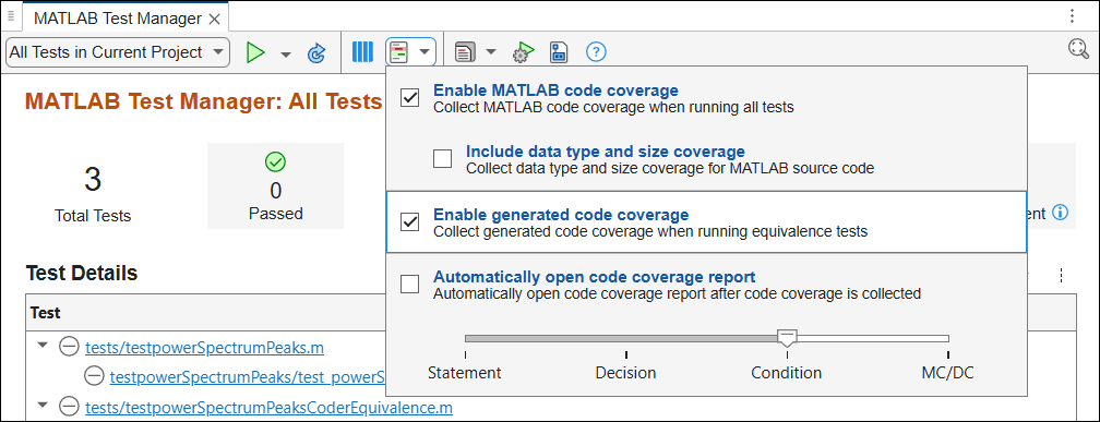 Code coverage settings in the MATLAB Test Manager, including the selected Enable MATLAB code coverage option, the unselected Include data type and size coverage option, the selected Enable generated code coverage option, and the metrics slider set to Condition