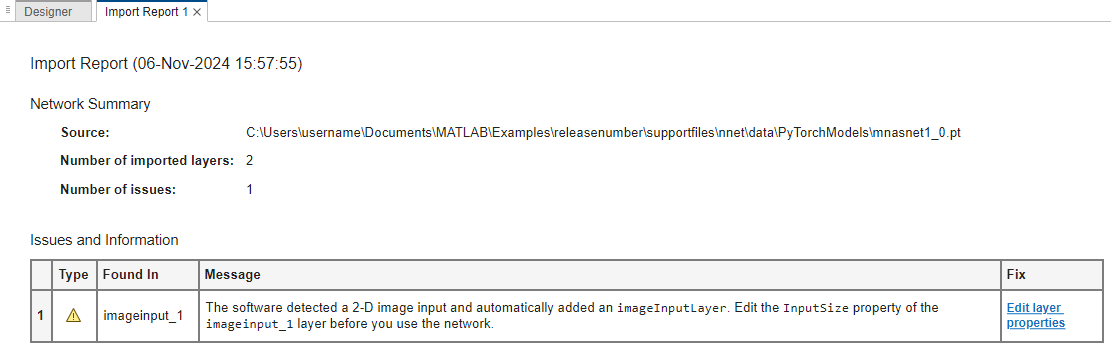 Generated import report showing one warning. The warning states that an imageInputLayer has been automatically added by the software and the InputSize property must be edited before using the network.