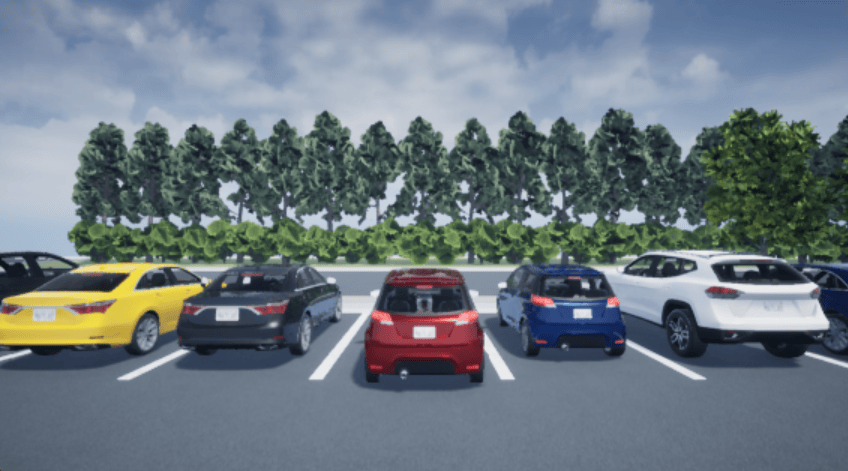 Unreal Engine view of an ego vehicle approaching parked cars in a parking lot