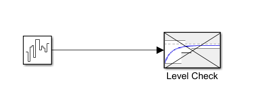 Simulink model with a signal source block connected to a Check Step Response Characteristics block named Level Check