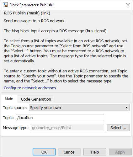 ROS Toolbox publisher block