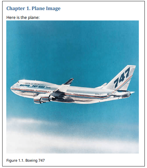 Presentation page 1 with text that says, "Chapter 1. Plane Image. Here is the plane:" and an image of a Boeing 747.