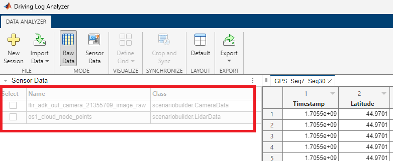 Camera and lidar sensor data objects imported from the rosbag file, in the Sensor Data pane of the Driving Log Analyzer app.
